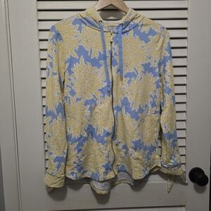 Crown & Ivy Women's Hoodie Small Blue Yellow Floral Full Zip Stretch Cotton NWT
